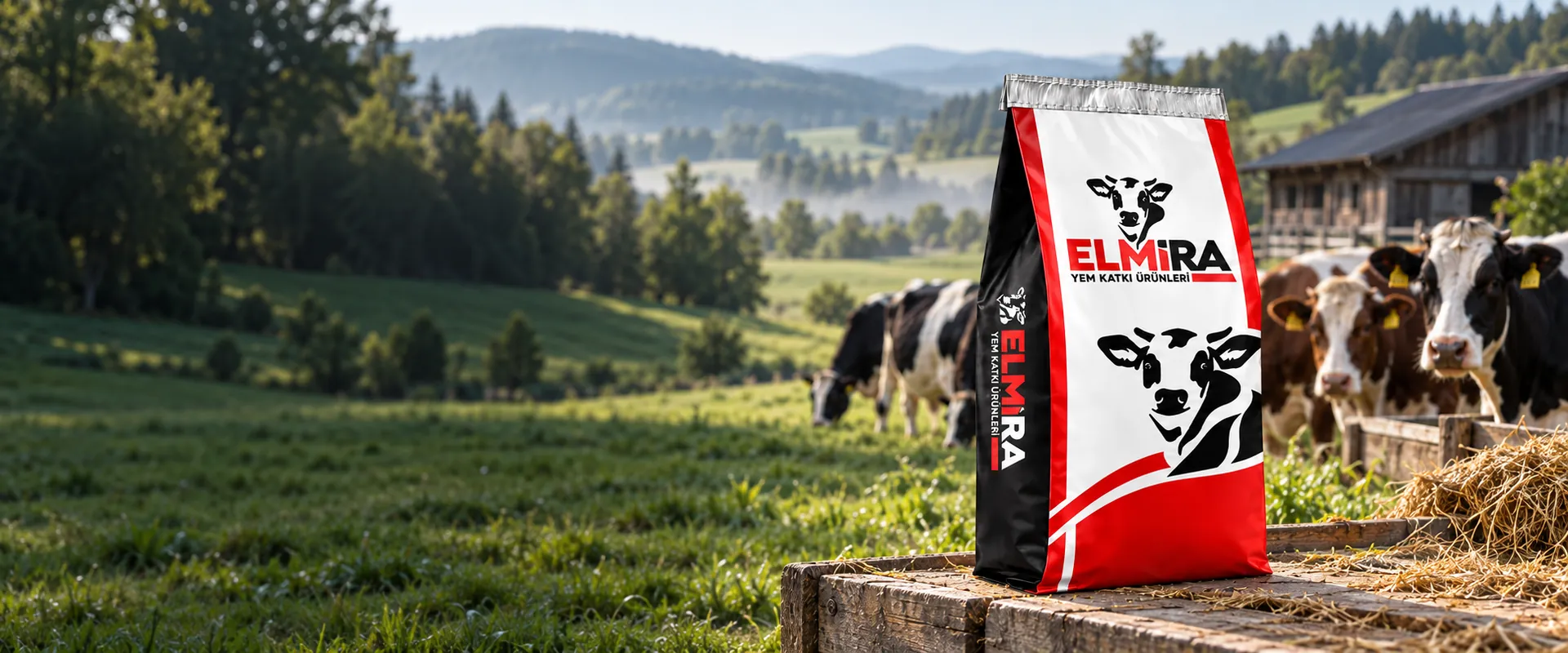 Büyükbaş hayvanların bulunduğu yeşil merada Elmira premix torbası