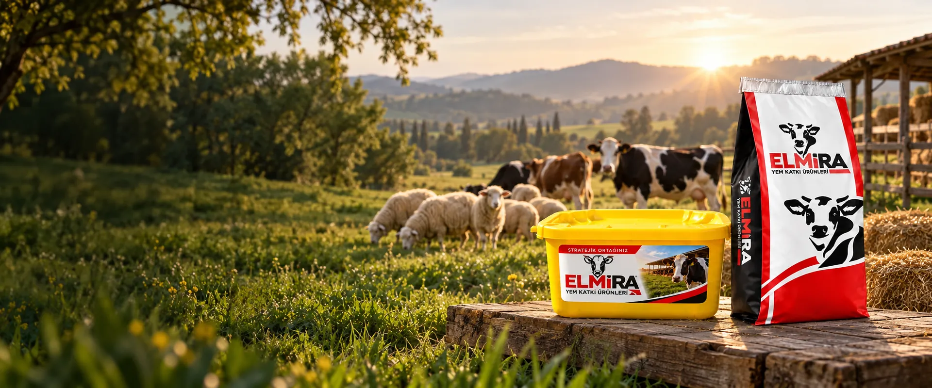 Merada büyükbaş ve küçükbaş hayvanlarla Elmira yalama kovası ve premix torbası